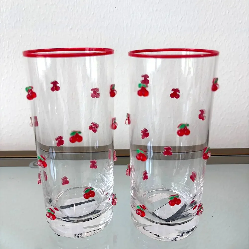 Red Cherry Icon Highball Glass Set of 2 Chic Drinkware 6in NEW